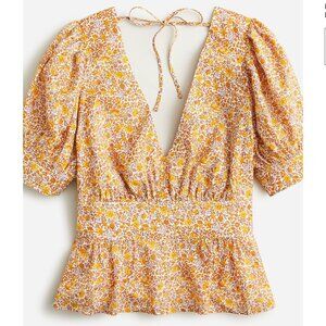 J.Crew Puff Sleeve V-Neck Yellow Orange Floral Top Size O